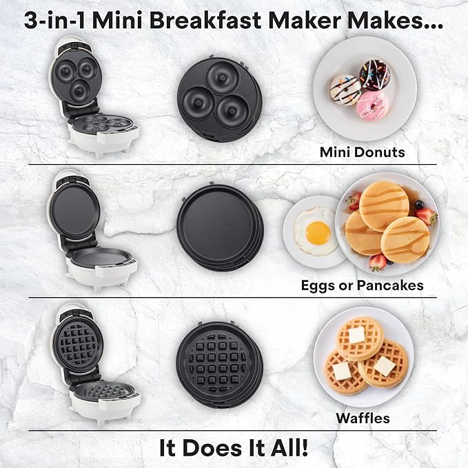 MasterChef 3-in-1 Mini Breakfast Maker- Make Eggs, Pancakes, Donuts, Waffles & More in 1 Easy to Use Appliance! 3 Removable Non-Stick Cooking Plates for Quick Cleaning & Storing- Compact Baker Cooker