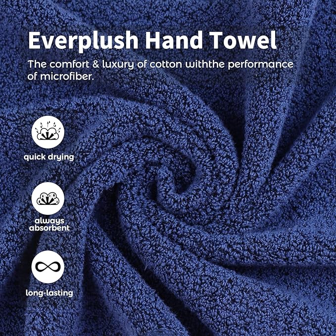 Everplush 4-Piece Premium Hand Towel Sets: Super-Soft, Highly Absorbent & Quick Drying Bathroom Towels – Versatile for Hotel, Bathroom, Shower, Spa, 16x30 Inches(Navy, 16" x 30")