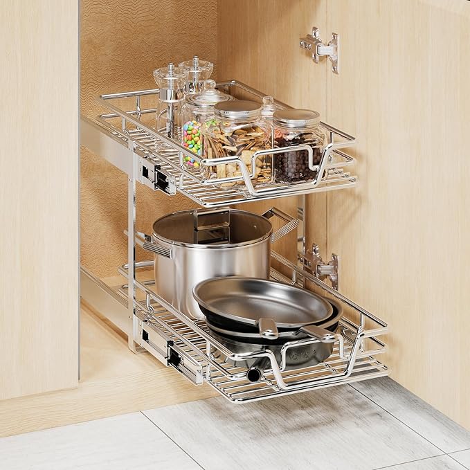 2-Tier Kitchen Cabinet,Pull Out Cabinet Organizer,Shelf and Drawer Organizer Slide Out Pantry Storaqe Basket in Multiple Sizes (12" W x21 D)