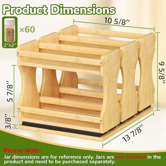 BAMEOS Pull Out Spice Rack Organizer for Cabinet, Bamboo Wide 13.9" Slide Out Seasoning Organizer for Kitchen, No Drill Anti-Tip Ball Bearing Silent Glides, Pantry Cabinet Organizer,Natural