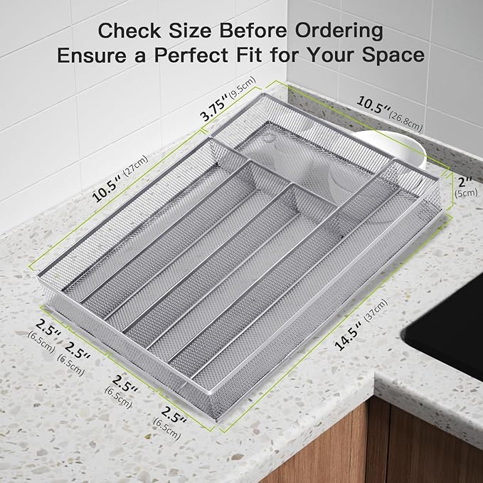 Neudeco Silverware Drawer Organizer Holder, Cutlery Tray Silverware Flatware Storage Divider for Kitchen, Bedroom, Living Room,Mesh Wire with Non-slip foam Feet, 5 Compoment（ Silver）