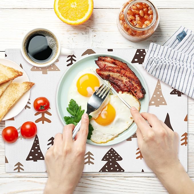 Cotton Linen Waterproof Placemats Set of 4, Christmas Tree Dining Mat Table Mats Decor Fabric for Xmas Dinner Coffee Shop Table, Indoor/Outdoor Washable Wipeable Placemat -N027
