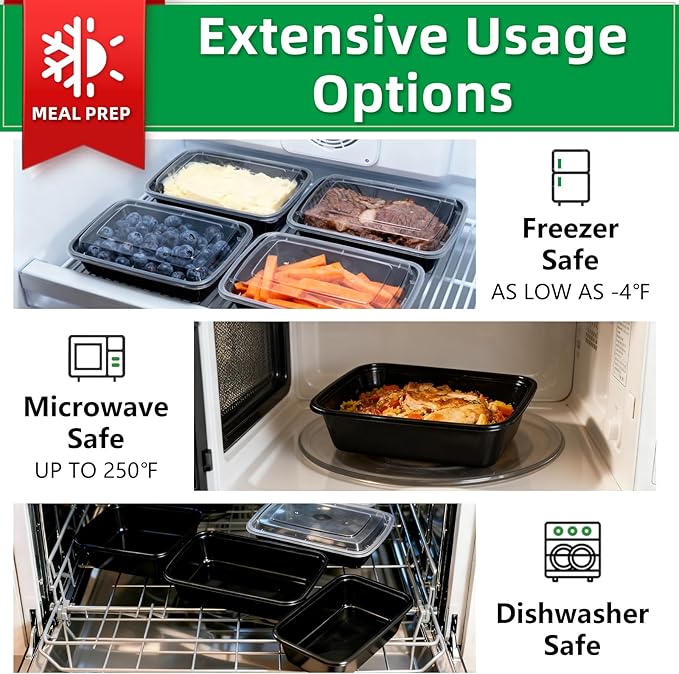 Meal Prep Containers Reusable 15 Pack-32 oz Food Storage Containers with Lids To Go Food Containers Takeout with 15 Forks, Microwave Dishwasher Freezer Safe, BPA Free, Plastic (Black)
