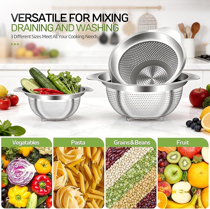 Stainless Steel Colander for Kitchen Pasta Rice Strainer for Spaghetti Fruit Cooking Food 3 Pcs Set Metal Mesh Strainers and Colanders(2QT, 3QT, 5QT),Dishwasher Safe,with Over-Sink Water Draining Base