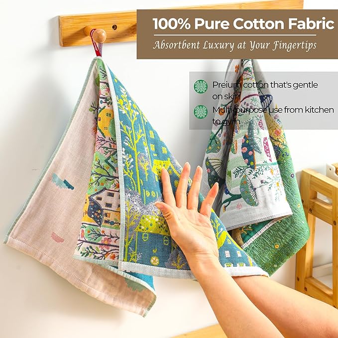 Flour Sack Green Kitchen Towels - Tea Towels Set of 2,Quick Dry 100% Cotton for Kitchen Drying Linework,Ultra Absorbent Decorative Boho Floral Large Hand Towels with Hanging Loop,Mushroom