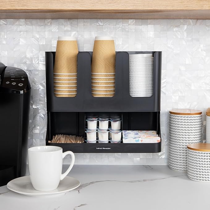 Mind Reader Cup and Condiment Station, 13 Inch Countertop Coffee Bar Organizer with 6 Compartments, Storage Caddy for Cups, Lids and Packets, Plastic, Black