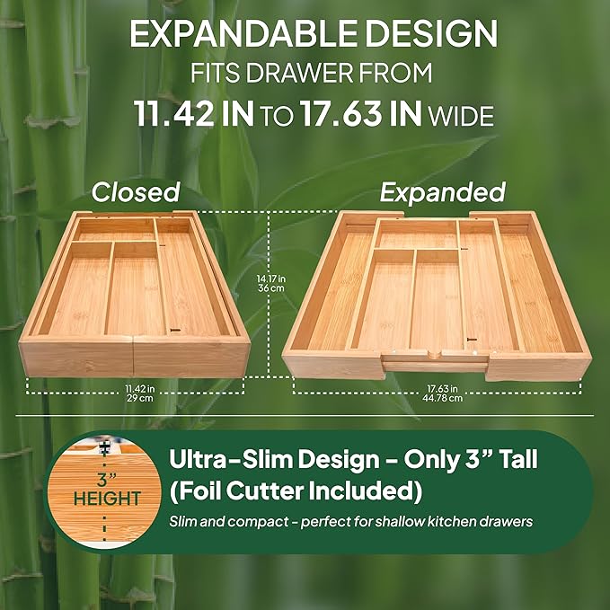 6 IN 1 Bamboo Baggie Organizer for Drawer with Labels, Expandable Storage Bag Organizer with Aluminum Foil and Saran Wrap Cutter Compatible with Quart, Gallon, Sandwich and Snack Size Bags