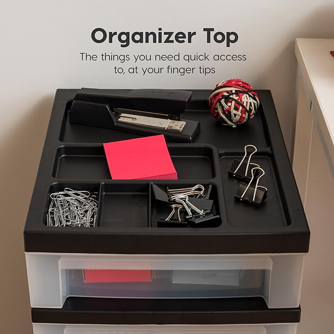 IRIS USA Plastic Drawer Storage Organizer Rolling Cart, with Wheels Casters, 6-Drawers, for Classroom Art Craft Supplies Dresser Closet Bathroom Laundry Room, Black/Clear