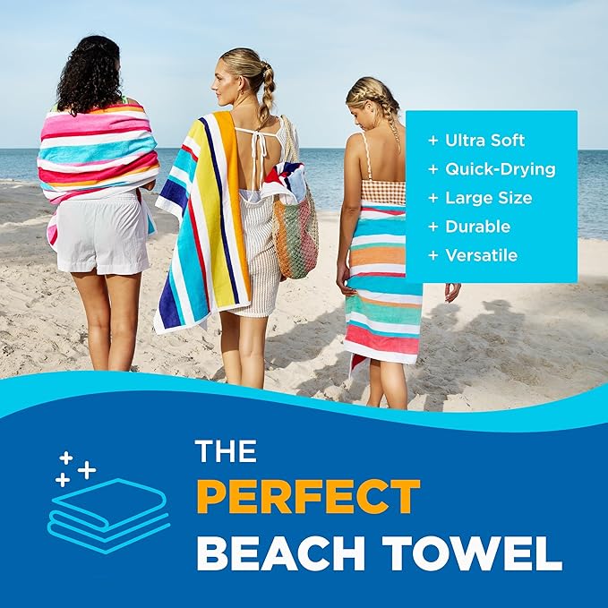 Kaufman - Joey Velour Colored Classic Multi-Color Stripe Beach & Pool Towel - Large 100% Combed Cotton Beach Towel - Soft & Absorbent Colorful Towels - 32" x 62" - 24 Pack