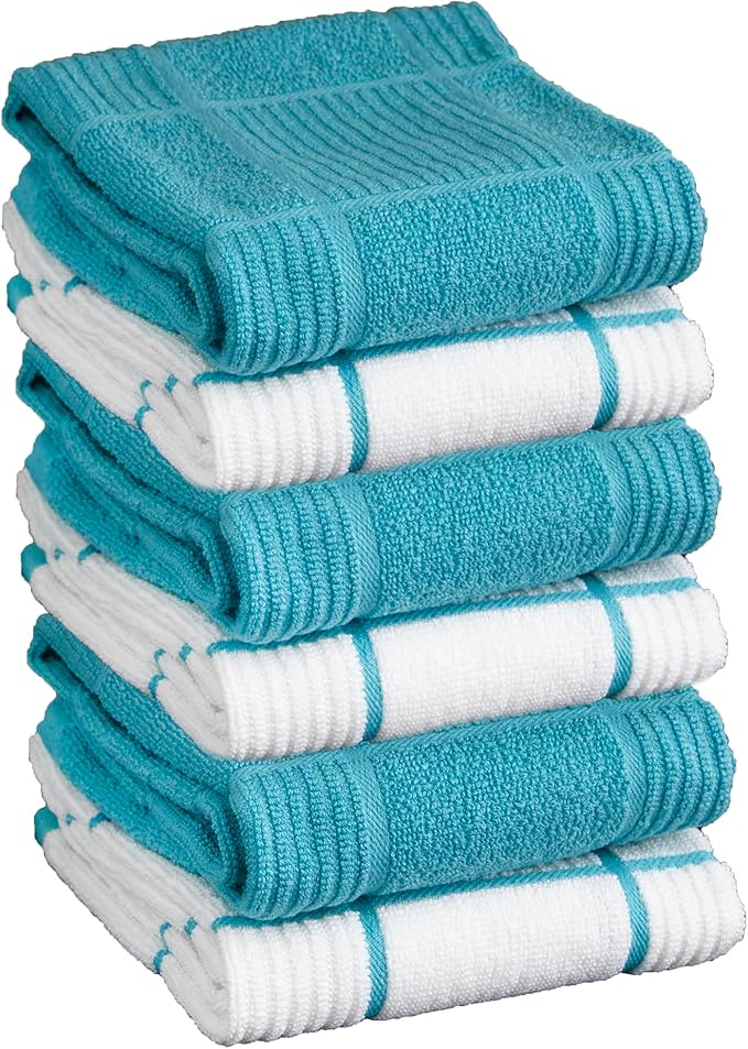 T-Fal Solid & Checked Parquet Kitchen Towels: Highly Absorbent, Super Soft Long Lasting - 100% Cotton, 16"x26" Dish Towels for Cleaning & Drying Dishes, Pans, Glassware, Countertops, 6-Pack, Breeze