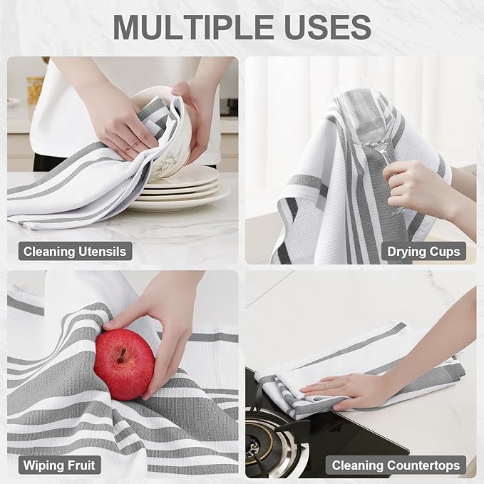 Homaxy Premium Kitchen Towels 18”x 28”, Large Cotton 380 GSM Kitchen Hand Towels, Stripe and Terry Dish Towel, Highly Absorbent Tea Towel Set with Hanging Loop, 8 Pack, Grey