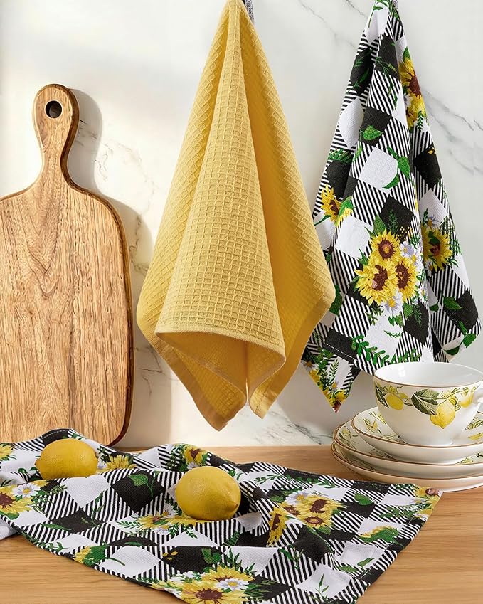 Miss Adola 3pcs Cotton Kitchen Towels - 270 GSM 15x25 Inch Terry Cloths Reusable Dish Cloths for Cleaning Absorbent Soft Hand Tea Towels with Hanging Loop for Housewarming Home Decor, Plaid Sunflower
