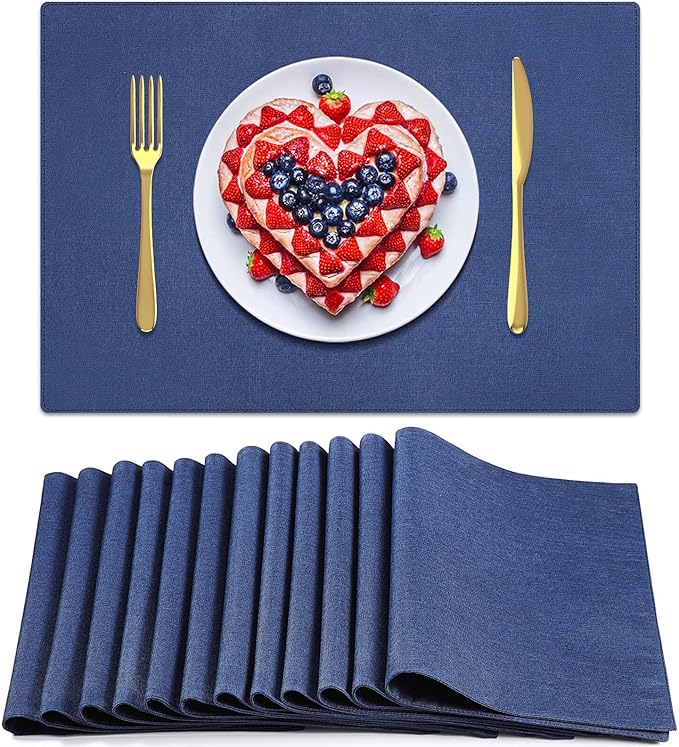 Sieral 12 Set Cloth Placemats Rectangle Dining Table Placemat Bulk 13 x 19 Inch Machine Washable Heat Resistant Cotton Linen Table Mats for Wedding Birthday Party Supplies(Dark Blue)