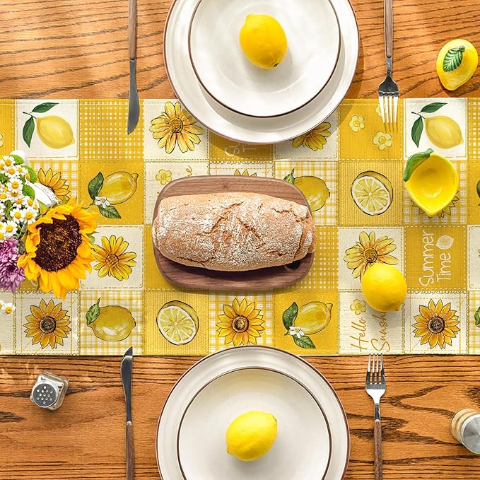 Artoid Mode Sunflower Lemon 210 GSM Hello Sunshine Summer Table Runner, Seasonal Kitchen Dining Table Decoration for Home Party Decor 13x60 Inch