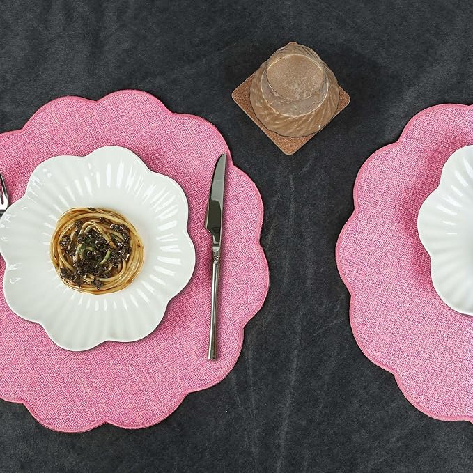 AHHFSMEI Round Faux Linen Placemats Set of 6 Heat Resistant Non-Slip Stain Proof Table Mats for Kitchen Dining Elegant Decor Place Mats (6, Pink)