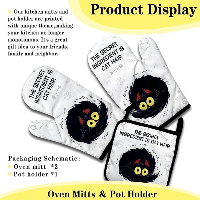 Funny Black Cat Oven Mitts and Pot Holders Set of 3, The Secret Ingredient is Cat Hair, Heat Resistant Non-Slip Kitchen Mitts Hot Pads, Sweet Housewarming Gifts for Hostess Baker Friend