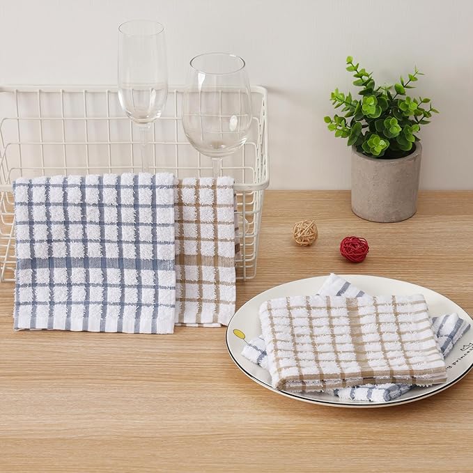 Egles 6 Packs Kitchen Dishcloths 100% Cotton Grid Terry Dish Cloths 12.5" x 12.5" Ultra Soft Super Absorbent Dishrag Reusable Dishcloth Multi-Purpose Quick Drying Hand Dish Towel Set with Hanging Loop