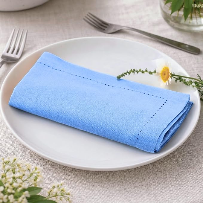 Palisa Light Blue Cotton Napkins Set of 4 | Premium Hemstitch Detailing Cloth Dinner Napkins 18x18 Inch | Soft Washable & Reusable Table Napkins for Everyday Use Weddings Parties Restaurants & Hotels