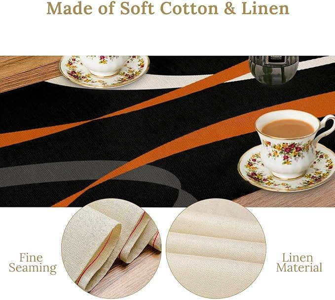 Abstract Geometric Table Runner Orange Grey and White Striped Black Background Modern Kitchen Dinner Runner for Indoor Home Living Room Party Dining Table Decoration 13"x108"