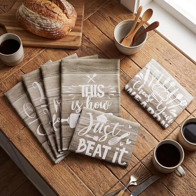 Bencailor 6 Pcs Wood Kitchen Towels Decorative Sets Dish Towels Absorbent Fast Drying Hand Tea Vintage Hanging Reusable Cleaning Dishcloths for Cooking Farmhouse Bathroom Accessory