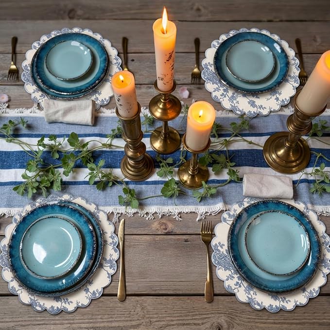 Set of 12 Blue and White Cotton Placemats 15 Inch Round Scalloped Embroidery Placemats Washable Double Layered Rustic Table Mat Fabric Napkins for Wedding Table Decor