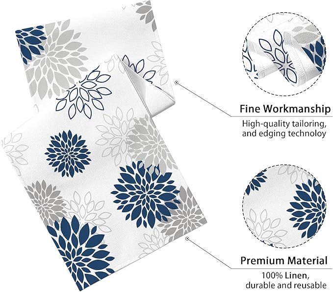 Dahlia Flower Table Runner 13x36 Inch Farmhouse Blue Gray Runners Modern Table Decorations Rustic Geometric Coffee Table Runner for Home Kitchen Dining Room Party (13"x36", Dahlia Floral-Blue)