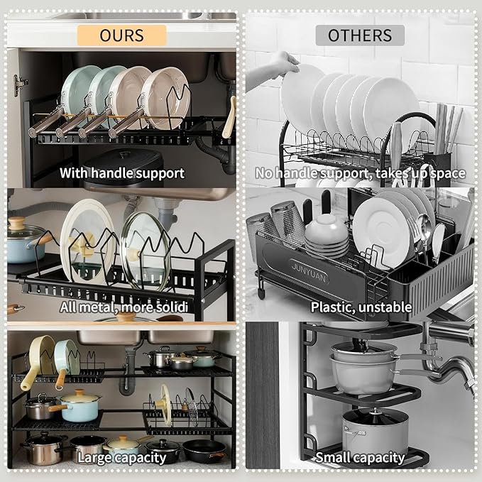 Pots and Pans Organizer Under Cabinet, Expandable Length, Adjustable Height Under Sink Shelf 2 Tier with 10 Dividers Under Cabinet Shelf, Pot and Pan Lid Holder Rack (Black)
