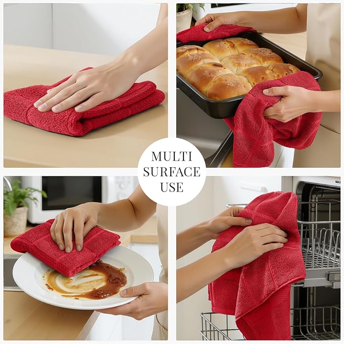 Homaxy Premium Kitchen Towels 18"x28", 8 Pack Large Cotton 380 GSM Dish Towels, Soft and Absorbent Kitchen Hand Towels with Terry Grid Design, Utility Tea Towel Set with Hanging Loop, Red