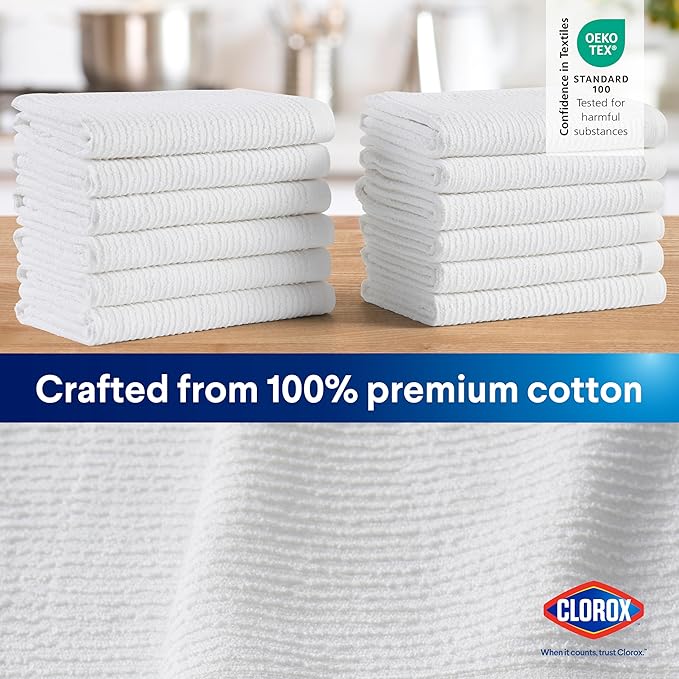 CLOROX Ribbed Bar Mops - 100% Cotton Quick Dry Extra Large Dishcloths - Absorbent Multipurpose Cleaning Cloths for Restaurants, Kitchen, Bathroom, Hotel - 16" x 19" - White 3 Pack