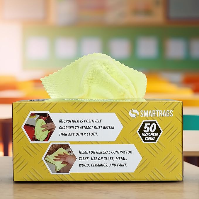 Arkwright Smart Rags Microfiber Cleaning Cloths, Pack of 50 in a Box, Lint Free 180 GSM Reusable Towels for Auto, Office and Household Cleaning, 12 x 12 in, Yellow