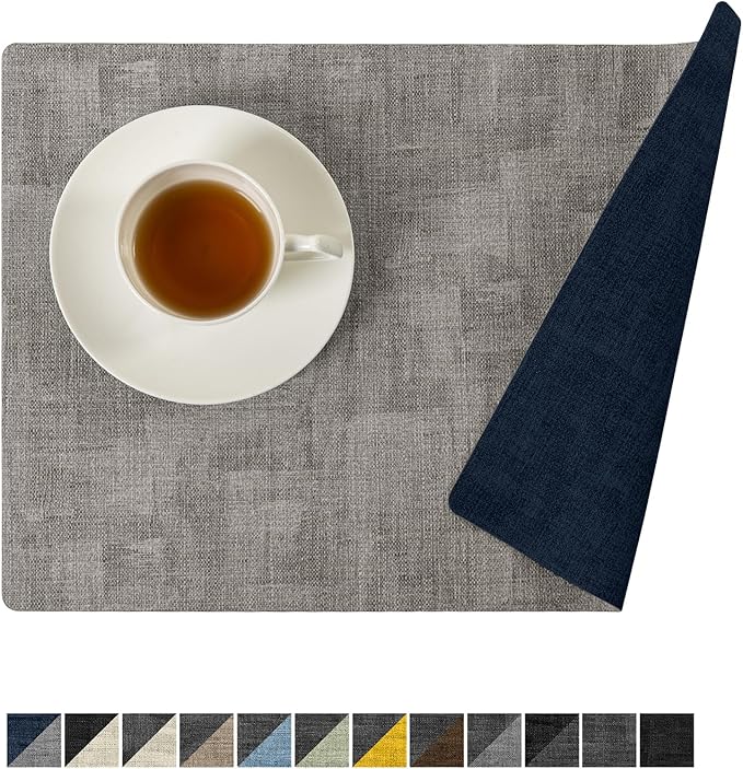 Romanstile Vinyl Placemats Set of 4-12x17 Inch, Reversible Waterproof Washable Non Slip Table Mats, Heat Resistant Wipeable Table Placemats for Dining/Party/Indoor/Outdoor, Light Grey-Navy Blue