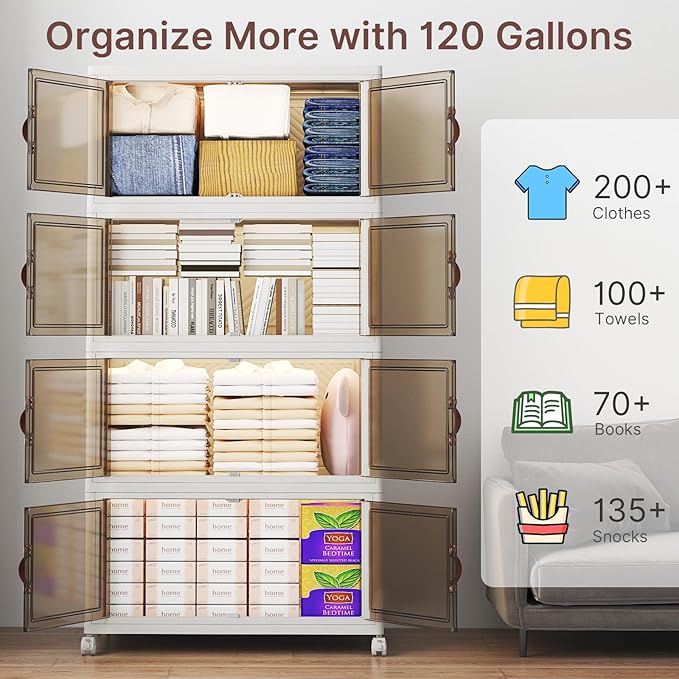 UAMFURI Stackable Storage Bins with Lids, 960QT Closet Organizers, Lockable Storage Cabinet, Foldable Storage Box with Doors and Wheels, Plastic Drawers for Home, Garage, Office (8, White, Large)