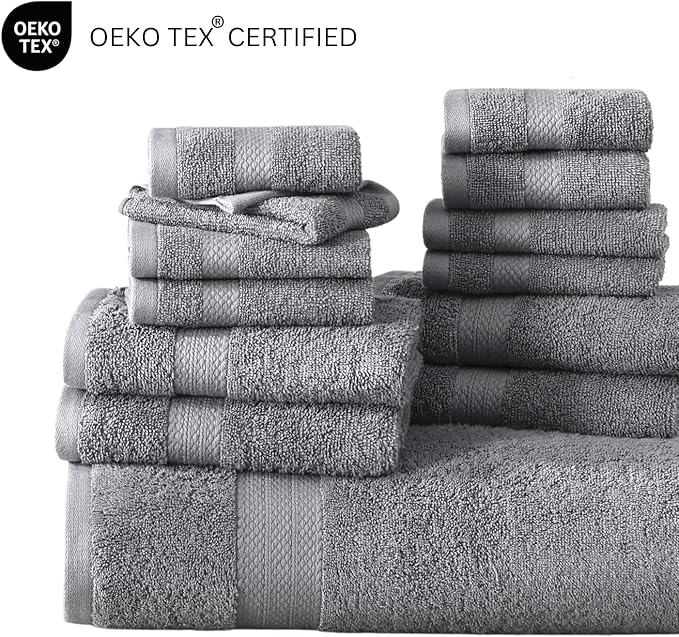 LANE LINEN 100% Cotton Turkish Towel Set for Bathroom - 6 Piece - Super Soft, Quick Dry & Highly Absorbent - 2 Bath, 2 Wash cloths, 2 Hand Towels - Hotel Quality, Durable & OEKO-TEX Certified - Grey