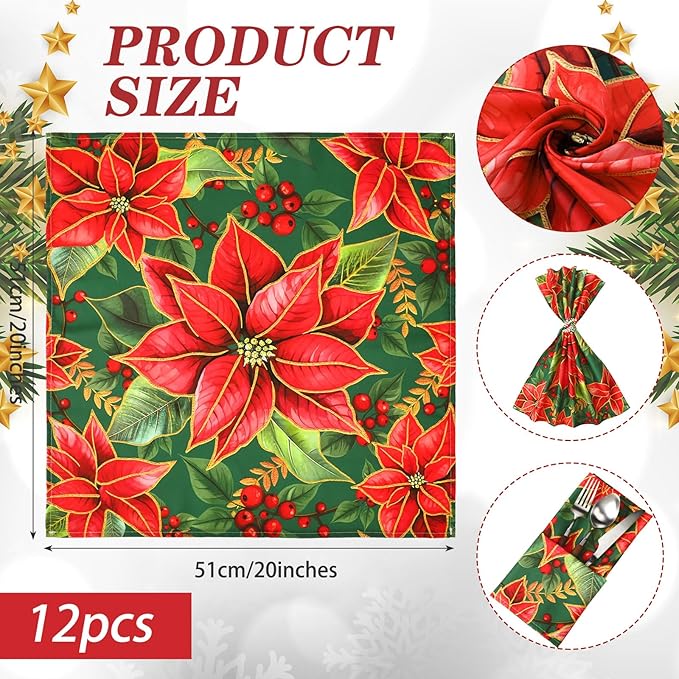 Qeeenar 12 Pcs Christmas Poinsettia Cloth Napkin 20 x 20 Inch Poinsettia Cloth Napkins Washable Dinner Guest Napkins for Christmas Holiday Xmas Thanksgiving Dinner Party Supplies, Set of 12