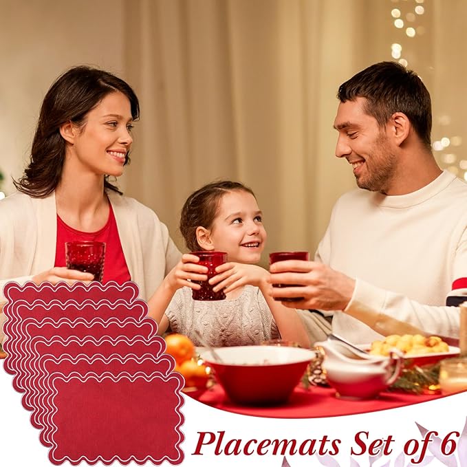 HunnmingRe Set of 6 Cotton Linen Placemats, 13x19 Inch Scalloped Wavy Embroidery Placemat Double Layered Washable Rustic Rectangle Dinner Table Mats for Wedding Home Decor(Red with White)