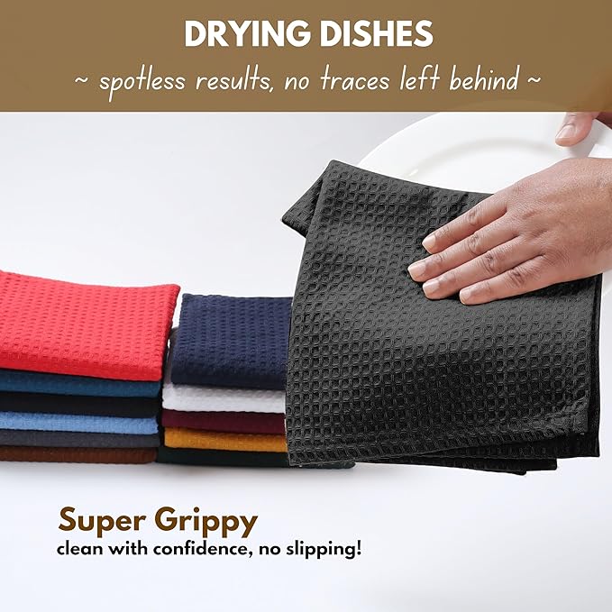 Native Fab 6 Pack Waffle Dish Cloths - 12x12 inches, 100% Cotton, Soft, Absorbent & Quick Drying Towels for Cleaning, Cooking & Baking - Great for Home, Restaurants, Bars, Multipurpose Use - Black