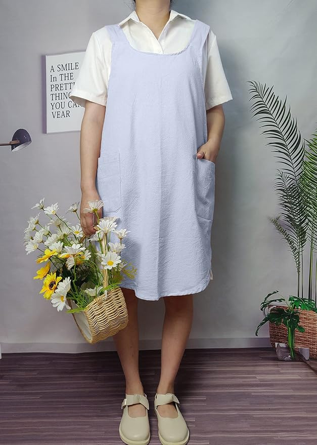 Cotton Cross Back Aprons Solid Color Cooking Kitchen Garden Smock for Women Girls with Pockets