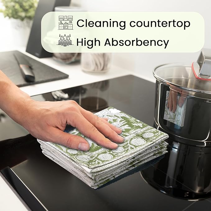 CPC Olive Green Hand Block Print Waffle Kitchen Towel Set of 3-16 x 28 Inch Ultra Absorbent Quick Dry Cotton Lightweight Reusable Sustainable Tea Towels for Cleaning and Drying Gift for Christmas