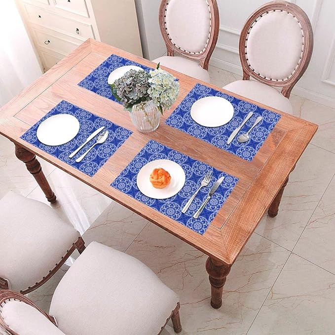 Chinoiserie Blue and White Florals Linen Placemats Set of 4, Navy Blue Chinoiserie Place Mats 4 for Dining Table Kitchen Coffee Shop Farmhouse, Gifts for Chinese Culture, Festival & Kitchen Home Decor