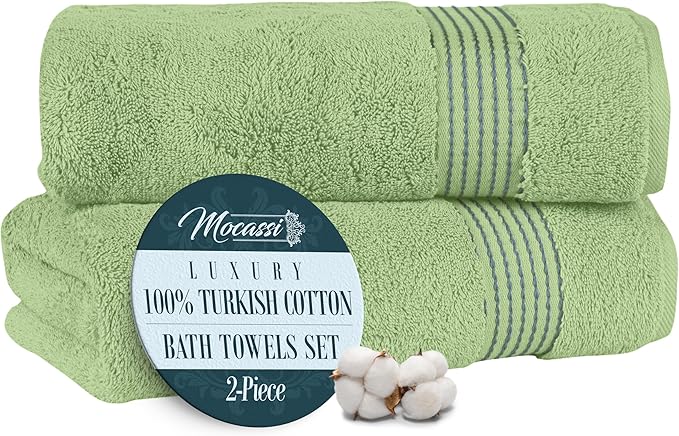 Mocassi Luxury 100% Turkish Cotton 2-Pack Bath Towel Set- Ultra Soft, Quick Dry Highly Absorbent 27 x 54 inch Premium Spa Hotel Quality 2PC Bath Towels - Luxurious Soft Bathroom Towels, Sage