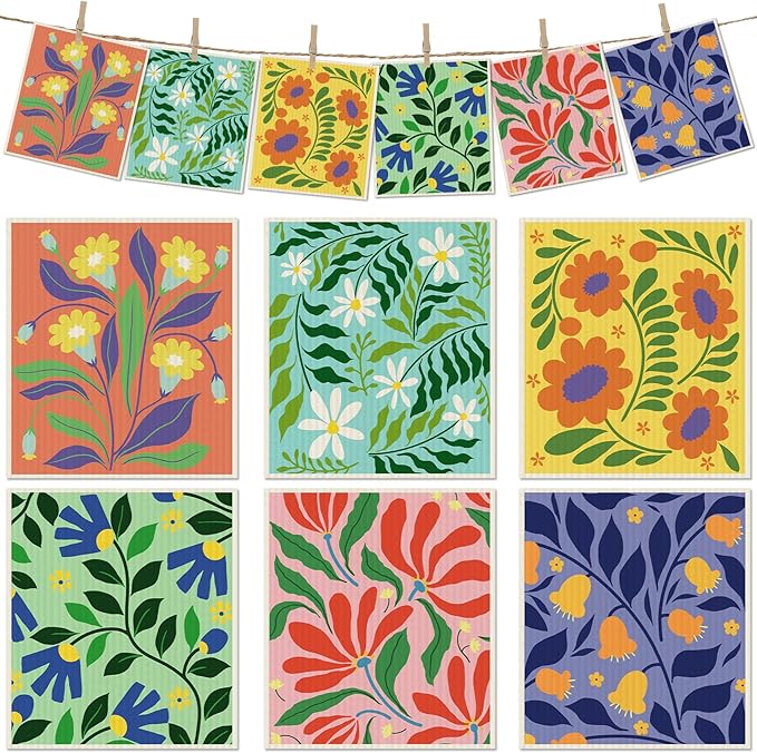 6 Packs Swedish Paper Cloths for Kitchen, Reusable Paper Towels Washable Dish Rags, Highly Absorbent Kitchen Towels Quick Drying Swedish Sponge Cleaning Dish Cloths(Bright Abstract Floral)