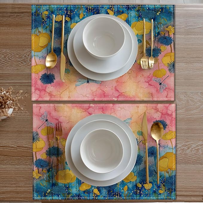 HOMETITUTE Linen Placemats Set of 4 12x18 inch Spring Table Mats for Dining Table Colorful Floral Farmhouse Decorations Kitchen Decor Desk Mat for Outdoor Home Party Kitchen Seasonal Dining Decor