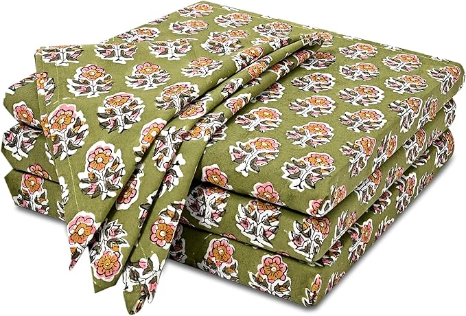 CPC Jade Green Indian Block Print Cotton Cloth Napkins Set of 4, 18x18 Reusable Everyday Napkins, Soft, Absorbent, Floral Dinner Napkin, Holiday, Party Gift, Spring,Mother's Day