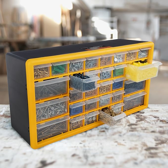 30-Drawer Plastic Small Parts Organizer - Desktop or Wall Storage Drawers for Organizing Hardware, Crafts, Garage, or Classroom by Stalwart (Yellow)