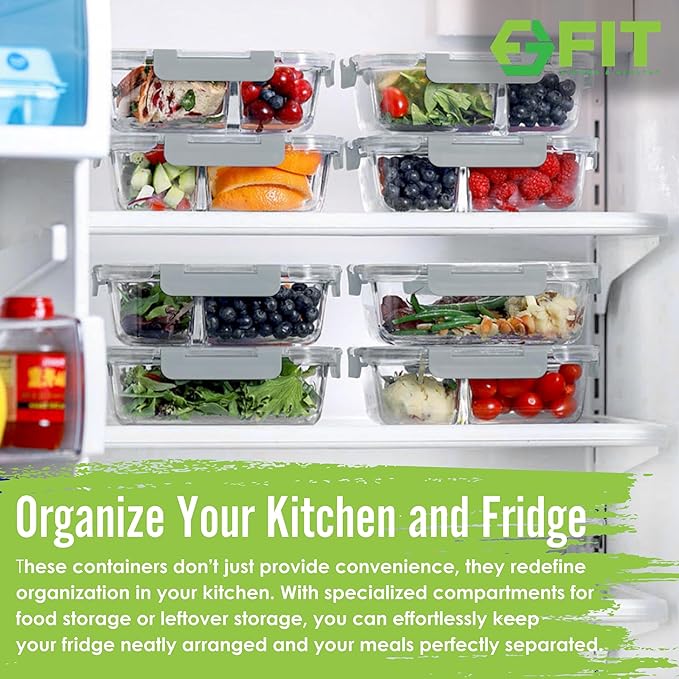 FIT Strong & Healthy 2 and 3 Compartment Glass Meal Prep Containers – Glass Bento Box for Adults, Portion Control, Food Storage, Lunch Container, Oven & Freezer Safe, Leak-Proof, 32 oz, Gray, 4 Pack