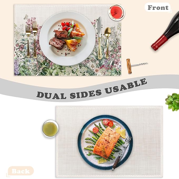 Placemats Set of 6,Wildflower Linen Table Mats Spring Floral Butterfly Heat Resistant Place Mats Washable Dining Table Mats for Indoor Outdoor Kitchen Decor Easy Clean 12 x 18 Inch