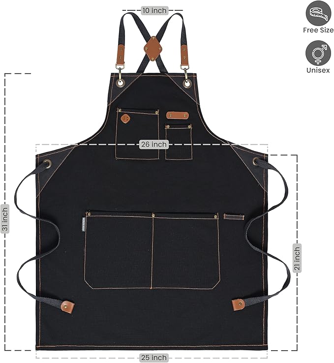 Chef Apron, Recycled Cotton Kitchen Apron with an Adjustable Neck with Long Ties, for cooking, baking