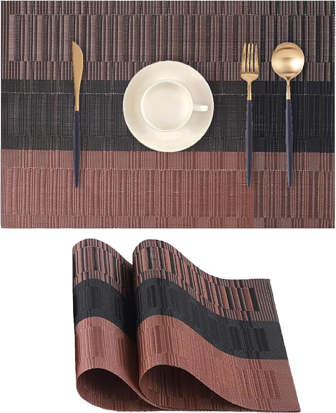 Black Brown Placemats Set of 2 - Heat Resistant Non-Slip Place mats for Dining Table, Washable Durable PVC Vinyl Woven Table Mats (Black Brown, 2)