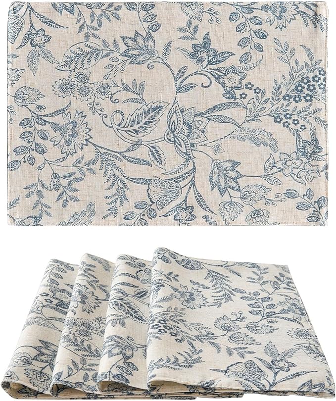 JINCHAN Linen Floral Placemats Set of 4 Cloth Table Mats Rustic Cottagecore Botanical Outdoor Seasonal for Kitchen Dining Table Decor Non-Slip Washable Tablemats 13x19 Inch Blue
