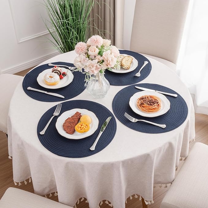 SHACOS 15 inch Round Placemats Set of 12 for Dining Table Braided Circle Place Mats Kitchen Table Placemat Washable Table Mats, Navy Blue